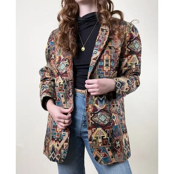 Vintage Woven Tapestry Western Boho Aztec Oversized Blazer Jacket Coat Bohemian - Picture 8 of 10